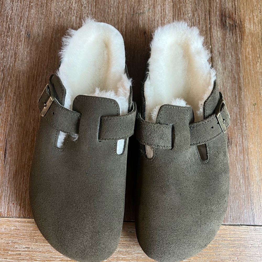 Birkenstock Green and White Cozy Suede Clogs